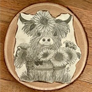 Wooden Plaque with Cow and Sunflower Design “Suncower”